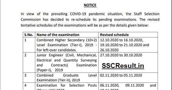 SSC Revised Exam Calendar 2020 Schedule for CGL CHSL JE CPO SI
