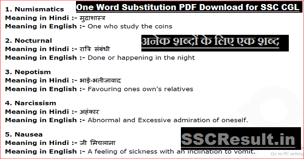 One Word Substitution PDF Download for SSC CGL