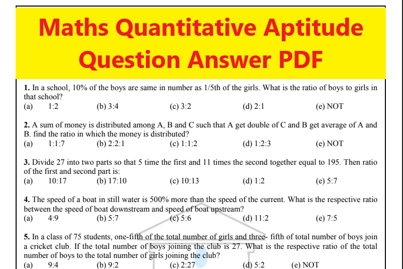 Maths Quantitative Aptitude Question Answer PDF