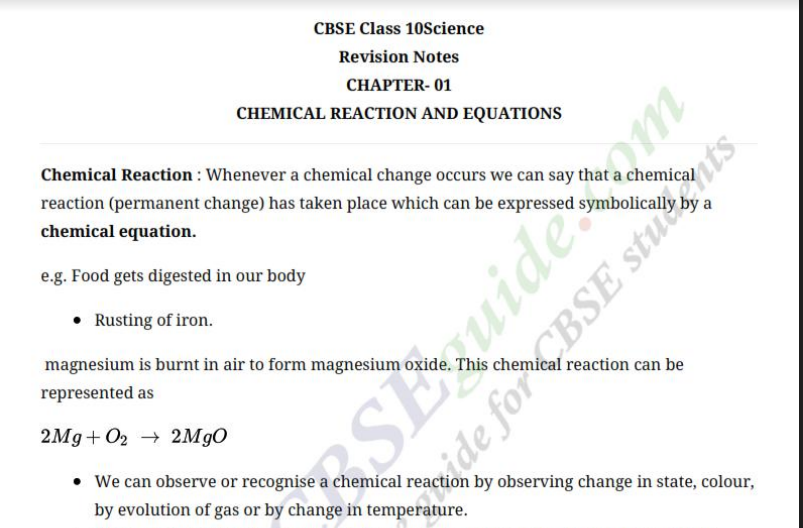 Chemical Reaction And Equation Class 10 Notes